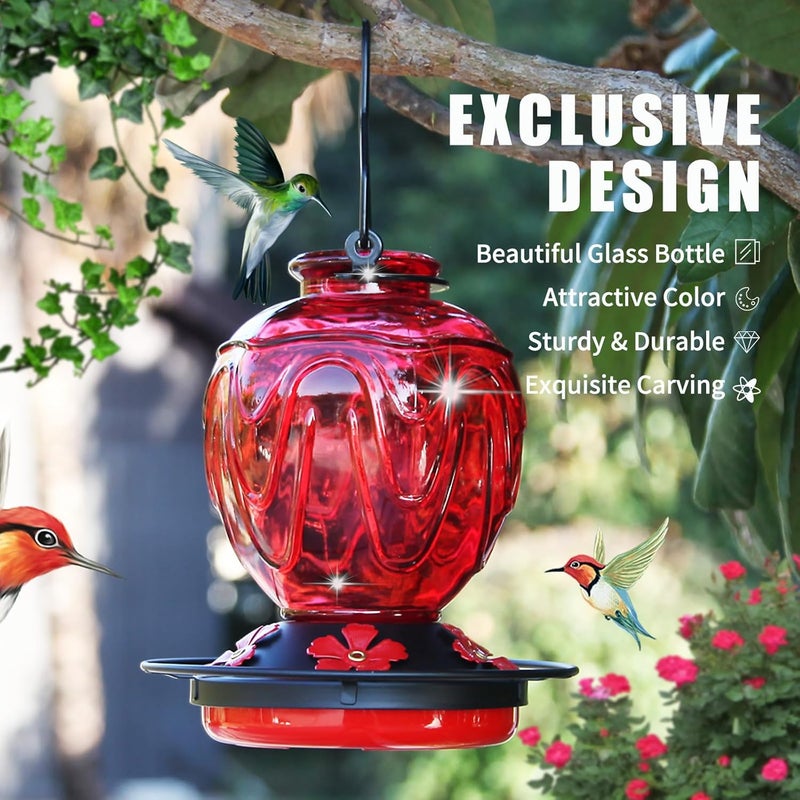 MCHBF Glass Hummingbird Feeder for Outdoors Hanging, 24Ozs Humming Bird Nectar Feeder w/Perch, 5 Flower Feeding Ports, Leak Proof Base and Hook for Outside Garden Backyard Decor, Gifts for Women Mom, Red - Image 2